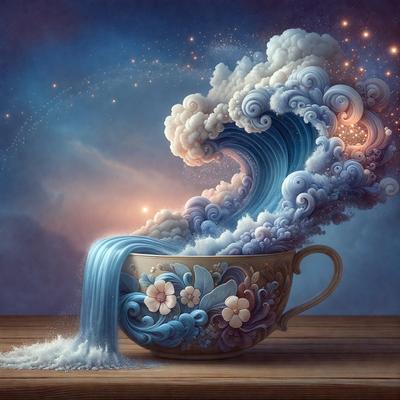 The primary subject of the image is a cup, which is the main object, scene, or focus of the image. The cup is placed on a wooden table, and it is surrounded by a beautiful and colorful scene. The setting includes a blue and white cup with a floral design, and the background features a painting of a wave crashing into the cup. The visual style of the image is a combination of photo and digital art, creating a unique and artistic representation of the cup and its surroundings. The colors and mood of the image are vibrant and lively, with the blue and white cup contrasting against the vivid and dynamic wave painting.